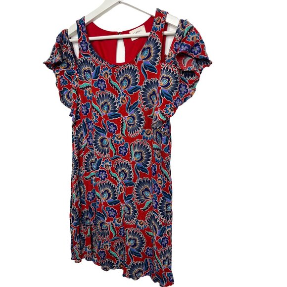 Everly Red Floral Cold Shoulder Mini Dress Boho Festival Small - Picture 4 of 12